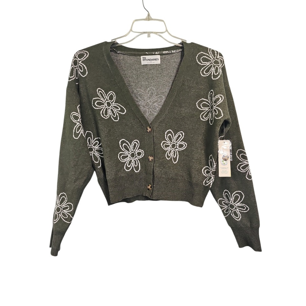 No Boundaries Cardigan Olive Green Floral Daisy Boho Button Up Women's Small S